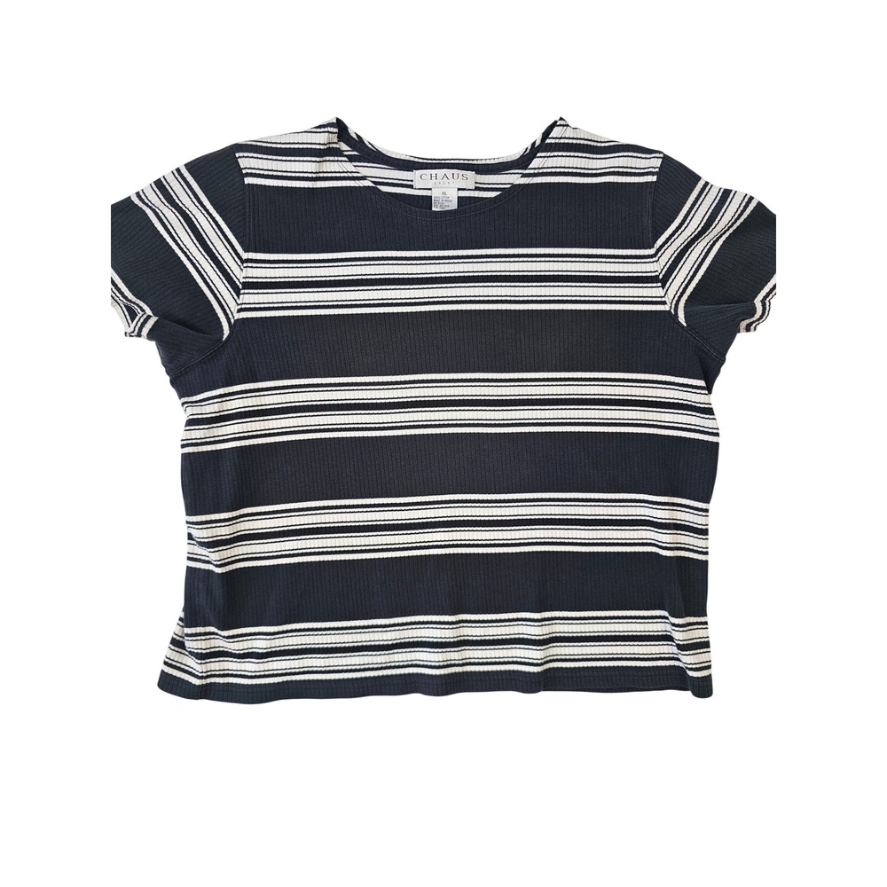 Chaus Sport Womens XL Navy Blue White Striped Ribbed Cotton Short Sleeve T-Shirt